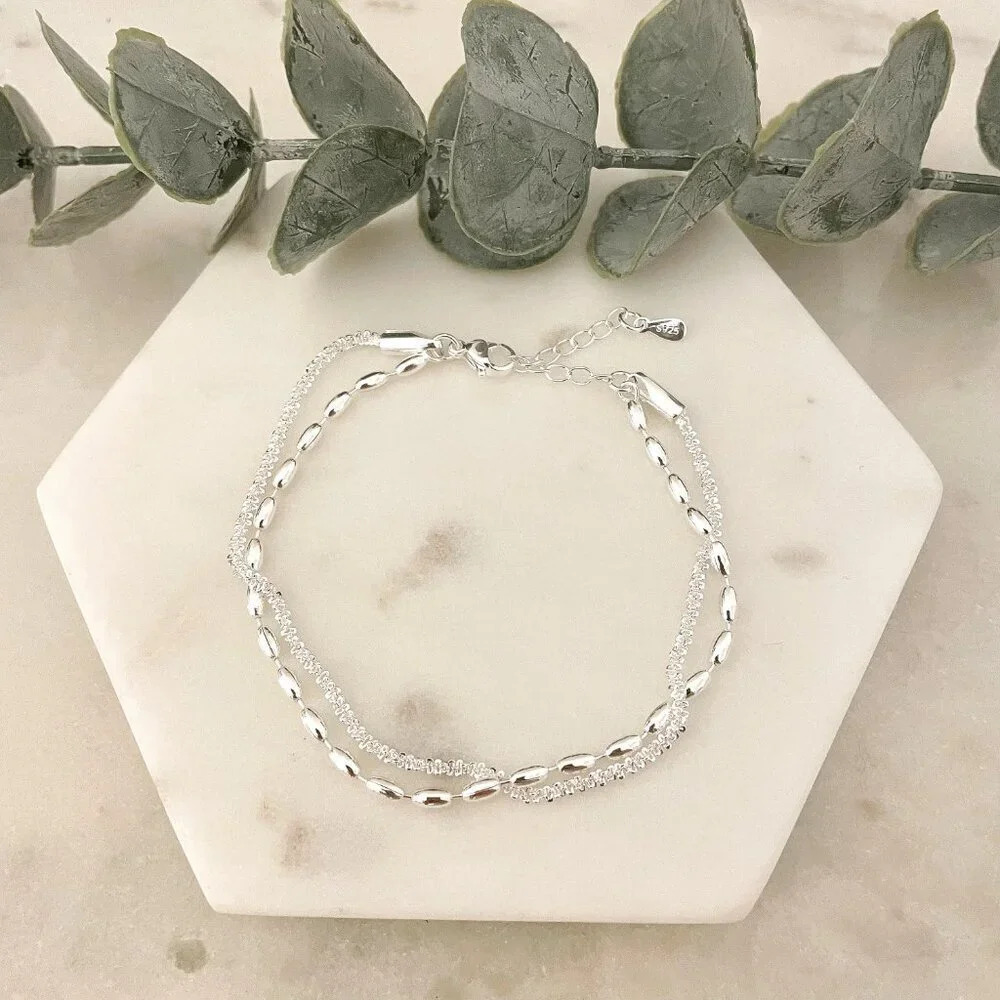 Sterling Silver Double Chain Layer Bracelet Shiny Sequin Dainty Chain Bracelet - Picture 3 of 3